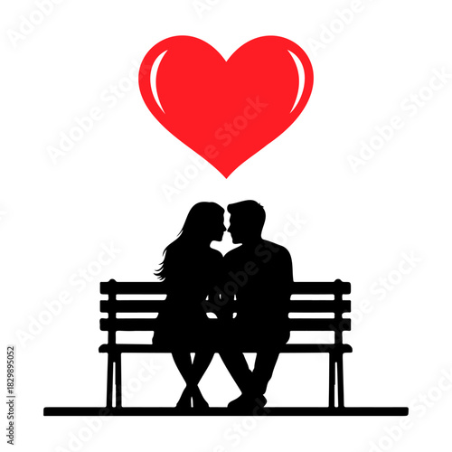 Silhouette of couple on bench under red heart on a white background