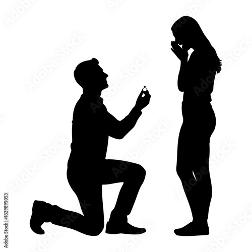 Silhouette of man proposing with ring to emotional woman on white background