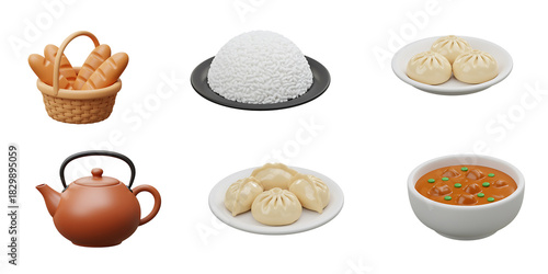 A collection of delicious food items including bread rice dumplings and a teapot against a black background