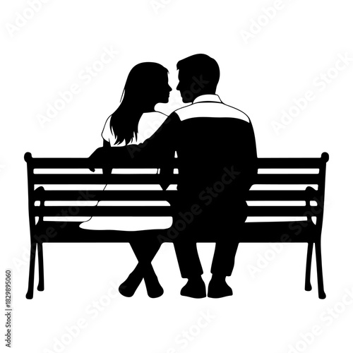 Silhouette of a couple sitting on a bench looking at each other closely