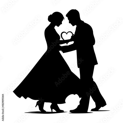 Silhouette of a couple holding a heart in a romantic embrace on white