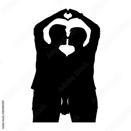 Silhouette of two men kissing making a heart shape with their hands above