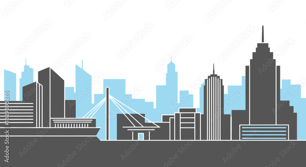 Naklejka premium Modern city skyline silhouette with skyscrapers and a bridge.