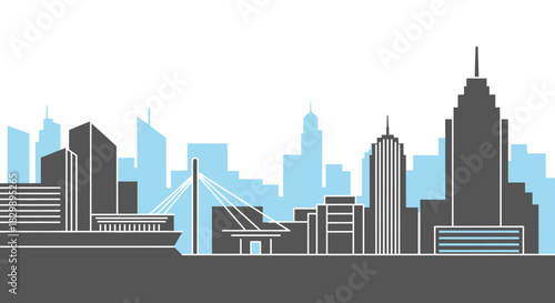 Modern city skyline silhouette with skyscrapers and a bridge.