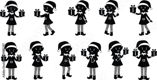 Christmas elf girl holding gift boxes, cute festive helper character in Santa hat, holiday silhouette vector illustration design set