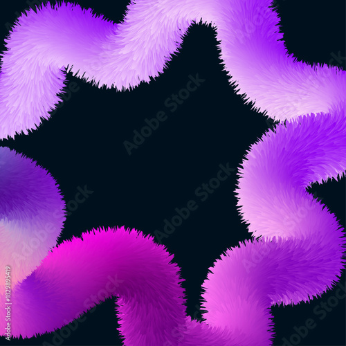 Abstract wavy purple and pink fluffy neon tube frame on dark background
