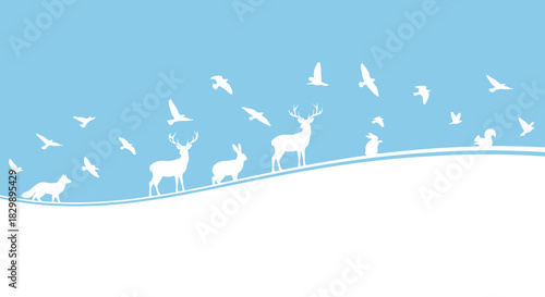 Winter landscape with deer birds and rabbits on snowy hills under a blue sky.