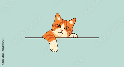 Cute orange cat peeking over a horizontal line on a blue background.