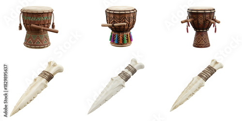 Collection of three traditional african djembe drums and three ceremonial bone daggers arranged on a black background