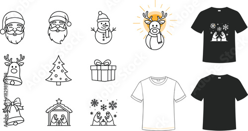Christmas icons and T-shirt design with Santa, reindeer, snowman, Christmas tree, nativity scene, bell, and festive gift illustration