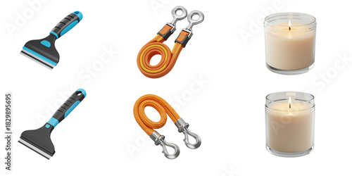 Collection of grooming tools and scented candles arranged in a grid against a stark black background for a clean presentation