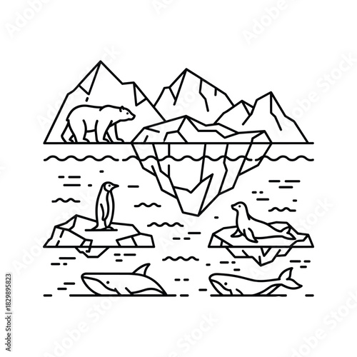 Polar Animals and Icy Landscape Line Art