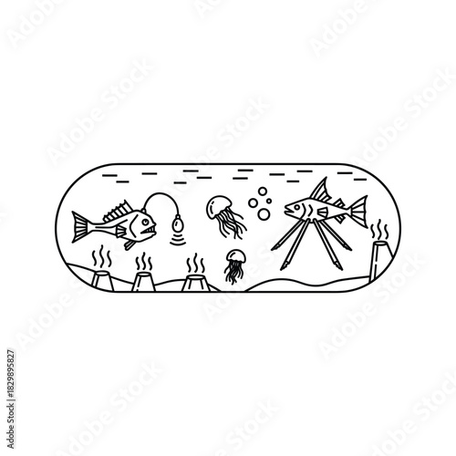 Polluted Deep Sea Capsule: Anglerfish, Jellyfish, and Industrial Chimneys