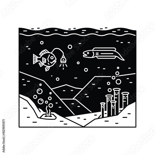 Deep Sea Abyssal Ecosystem with Anglerfish, Eel, and Hydrothermal Vents