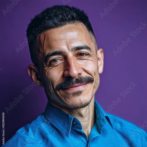 Portrait of an adult Pakistani man, with a mustache, looking smiling at the camera against a solid blue background.