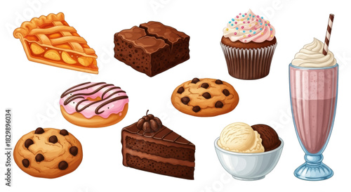 A delicious assortment of sweet baked goods and treats including cookies, cakes, pie, donuts, brownies, and a milkshake