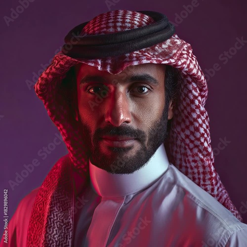 Portrait of a Saudi man looking at the camera illuminated by red and violet light.