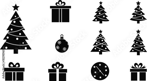 Christmas silhouette icons, gift boxes, ornaments, decorated trees, festive vector set, black and white holiday graphic illustration