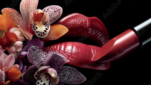 Sensual beauty: Close-up of lips with red lipstick and orchids on a black background