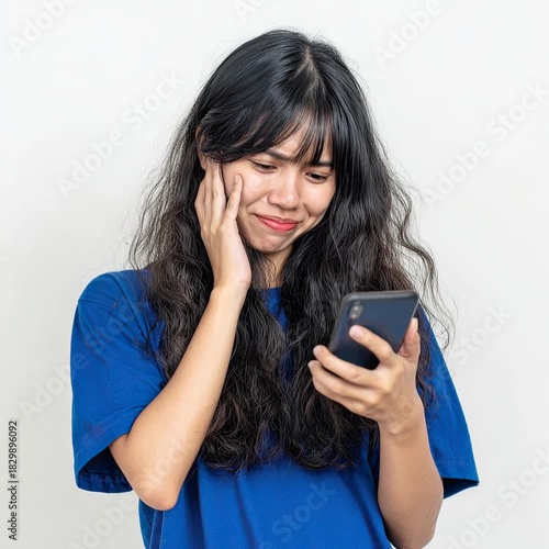 Young Asian girl looking at her phone with a worried expression, isolated on a white background, wearing a blue shirt.