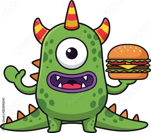 Funny green one-eyed cartoon monster mascot character holding a big cheeseburger and waving hand isolated on white background vector illustration