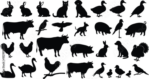 Large vector collection of black farm animal and pet silhouettes including cow pig dog and bird isolated on white background