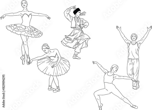 Line art vector illustration set of ballet ballerinas, male folk dancer and contemporary modern dancers isolated on white background