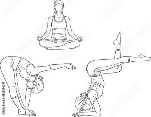 Set of black and white outline vector illustrations of woman practicing yoga poses isolated on white background for design