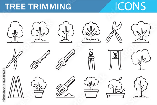 Plant maintenance and tree cutting outline symbol set