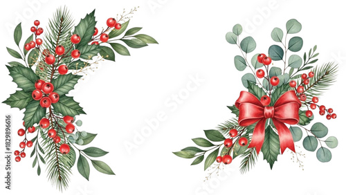 Watercolor Christmas Corner Floral Set with Red Berries, Holly Leaves, Eucalyptus and Bow Clipart
