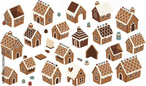Colorful gingerbread house vector collection with icing roofs, candy decorations, festive Christmas sweets, cozy holiday bakery illustration design