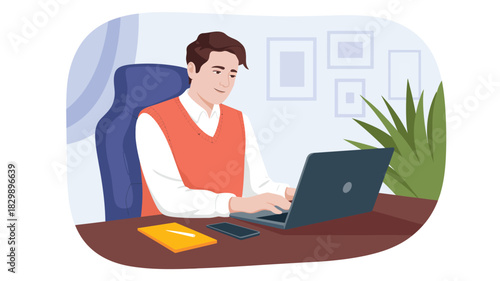  Young man working on a laptop at a desk in a modern home office setup, focused on productivity and remote work with stationery, smartphone, indoor plant and comfortable workspace illustration