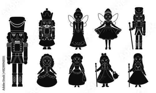 Fairy tale silhouettes, nutcracker soldiers, magical fairies, royal princesses, fantasy queens, holiday characters, festive icons, black vector illustration, elegant design