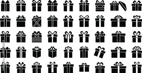 Gift box icon set, black and white, ribbon styles, holiday packaging, vector illustration, graphic design, festive decoration elements