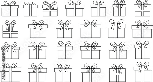 Gift box puzzle, visual challenge, find the difference, holiday packaging, ribbon variations, festive grid, brain teaser, black outline, bow styles, Christmas game