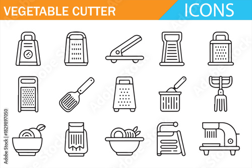 Culinary equipment and vegetable processing line icon set