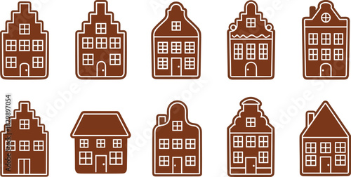 Gingerbread house cookie icons with icing outlines, festive Christmas dessert collection, traditional holiday bakery vector illustration design set