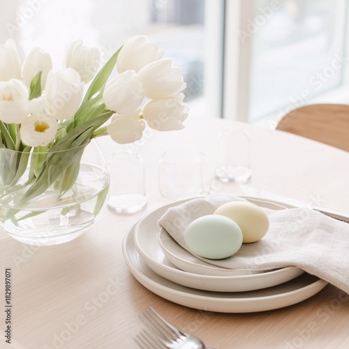 Easter breakfast with eggs and tulips on a plate
