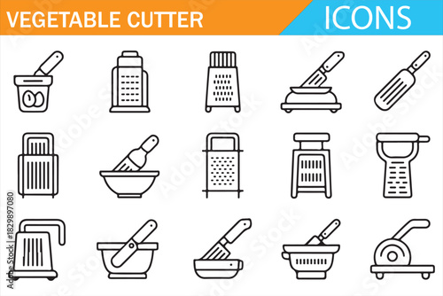 Home kitchen vegetable slicer and utensil outline symbols