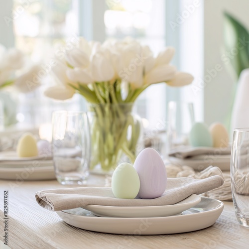 Egg carton on a white plate with a vase full of flowers behind it