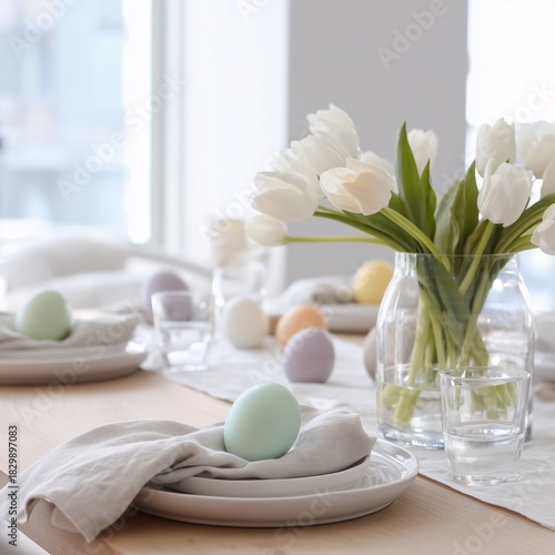 Easter table setting with decorations and beverages