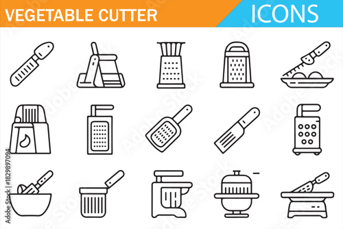 Cooking tools and food processing equipment outline icon set