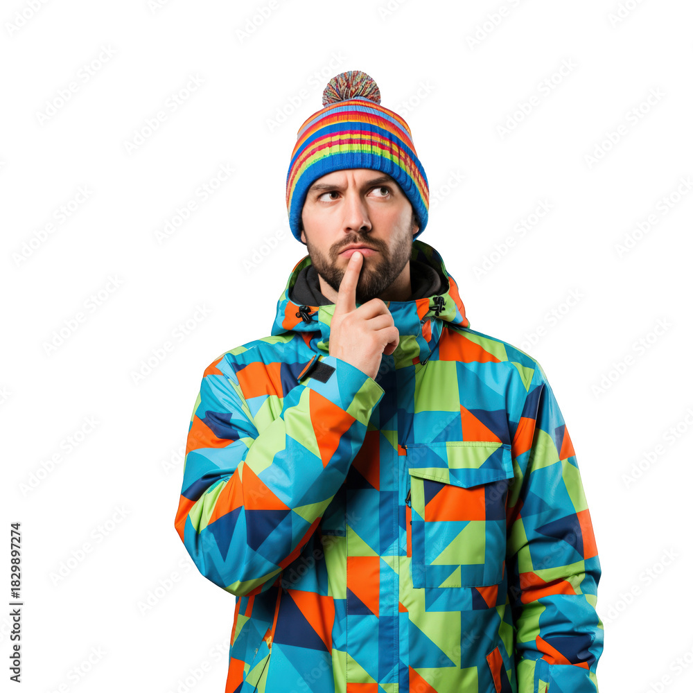 Obraz premium Young adult man in colorful winter jacket and beanie thinking deeply, looking up with finger on chin against a black background