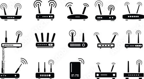 PrintRouter icon, wireless modem, black vector, antenna signal, internet device, network symbol, tech graphic, white background, connectivity design