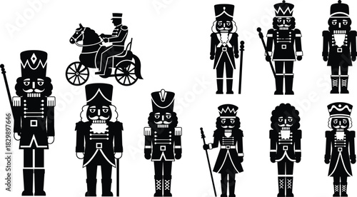 Nutcracker toy soldier icons, horse carriage, festive holiday vector set, black and white illustration, Christmas tradition, cultural characters