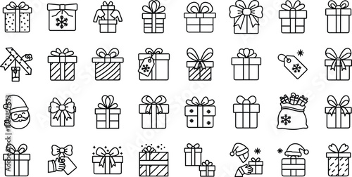 Outline gift box icons with ribbons, bows, Santa face, and Christmas tags, festive holiday present line art vector illustration