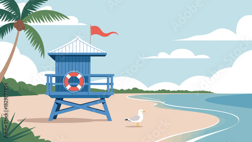  Sunny tropical beach scene with a blue lifeguard tower, waving red flag, seagull, palm tree, soft sand, and calm ocean waves under a bright sky, summer coastal landscape illustration