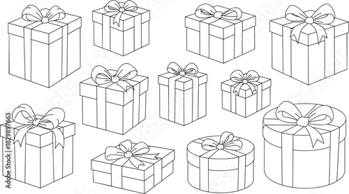 Outline gift boxes with ribbons and bows, round and square present shapes, holiday packaging vector illustration for Christmas design