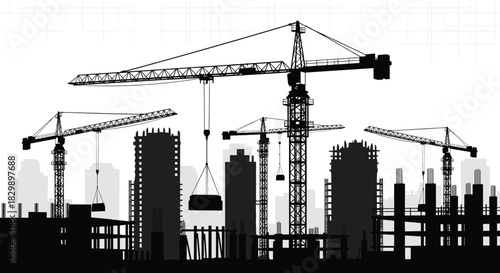 Construction site silhouette, towering cranes, urban development, skyscraper foundation, city building process, industrial architecture, engineering project background, black and white.
