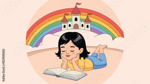  Cute little girl reading a storybook while imagining a magical fairy-tale castle under a colorful rainbow, creative childhood imagination, fantasy learning and dreamland illustration